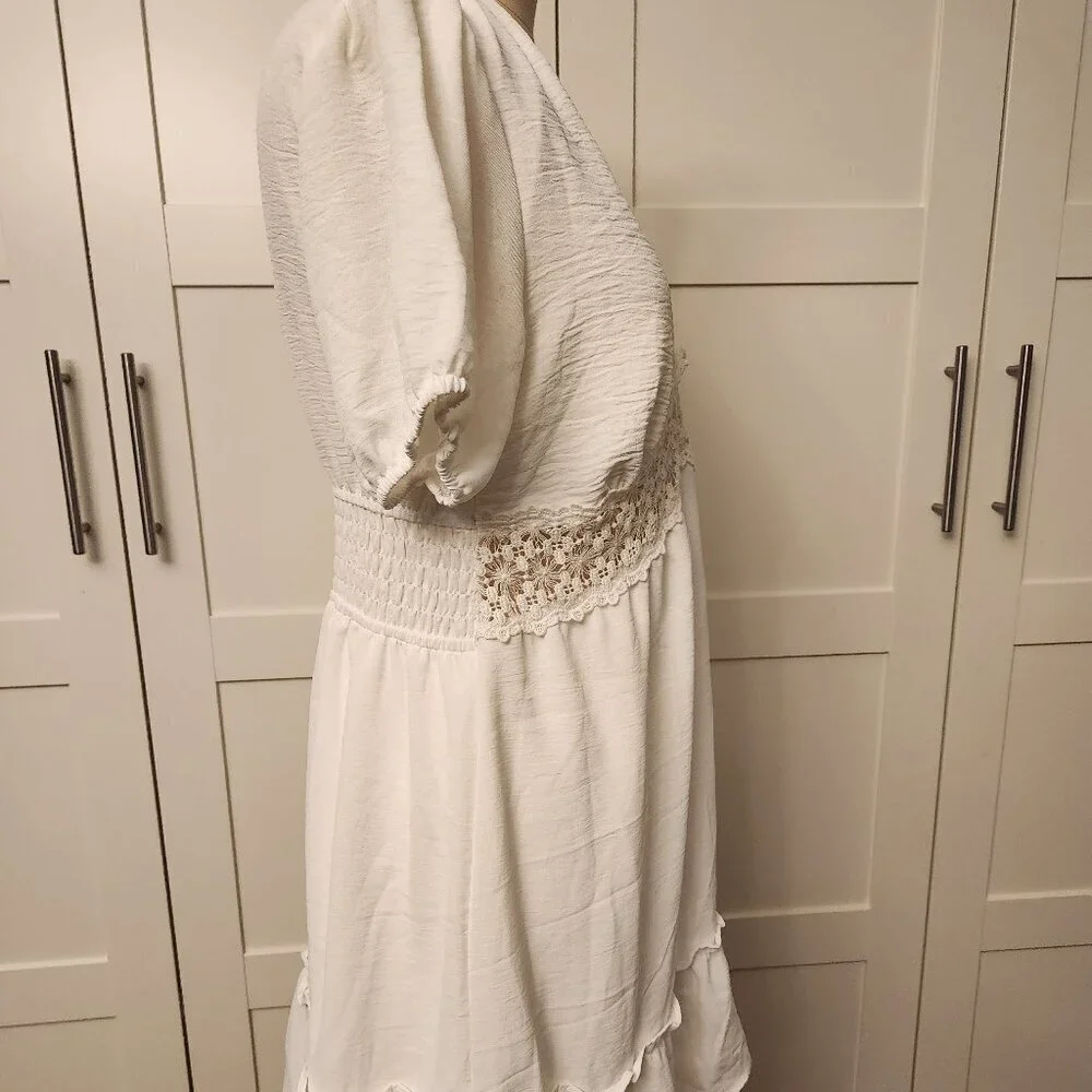 Liberty Love Boho White Summer Dress L | Ruffle Hem Bubble Sleeve Midi